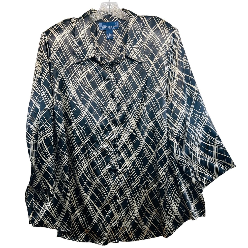 Susan Graver Style Womens 2X Satin Button Up Blouse Geometric Grid Black Gold